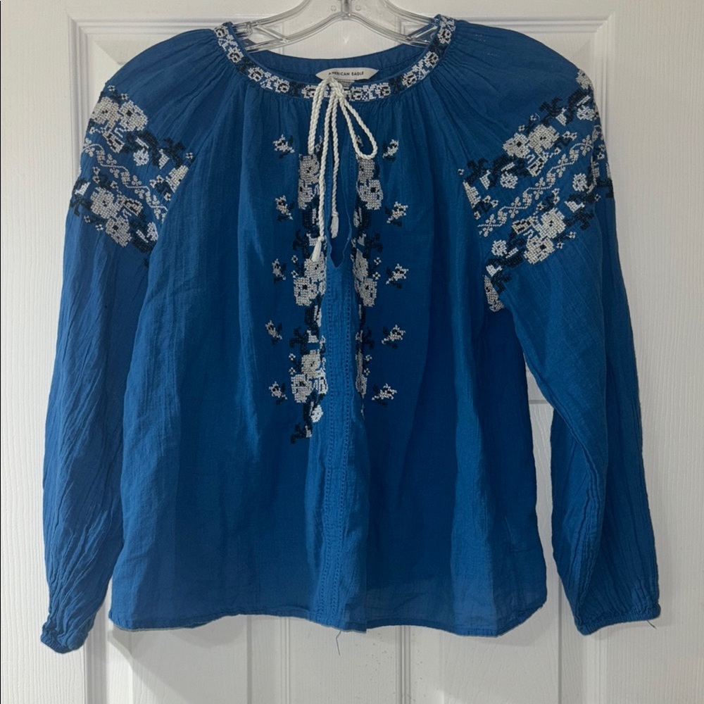American Eagle Blue Embroidered Women's Top